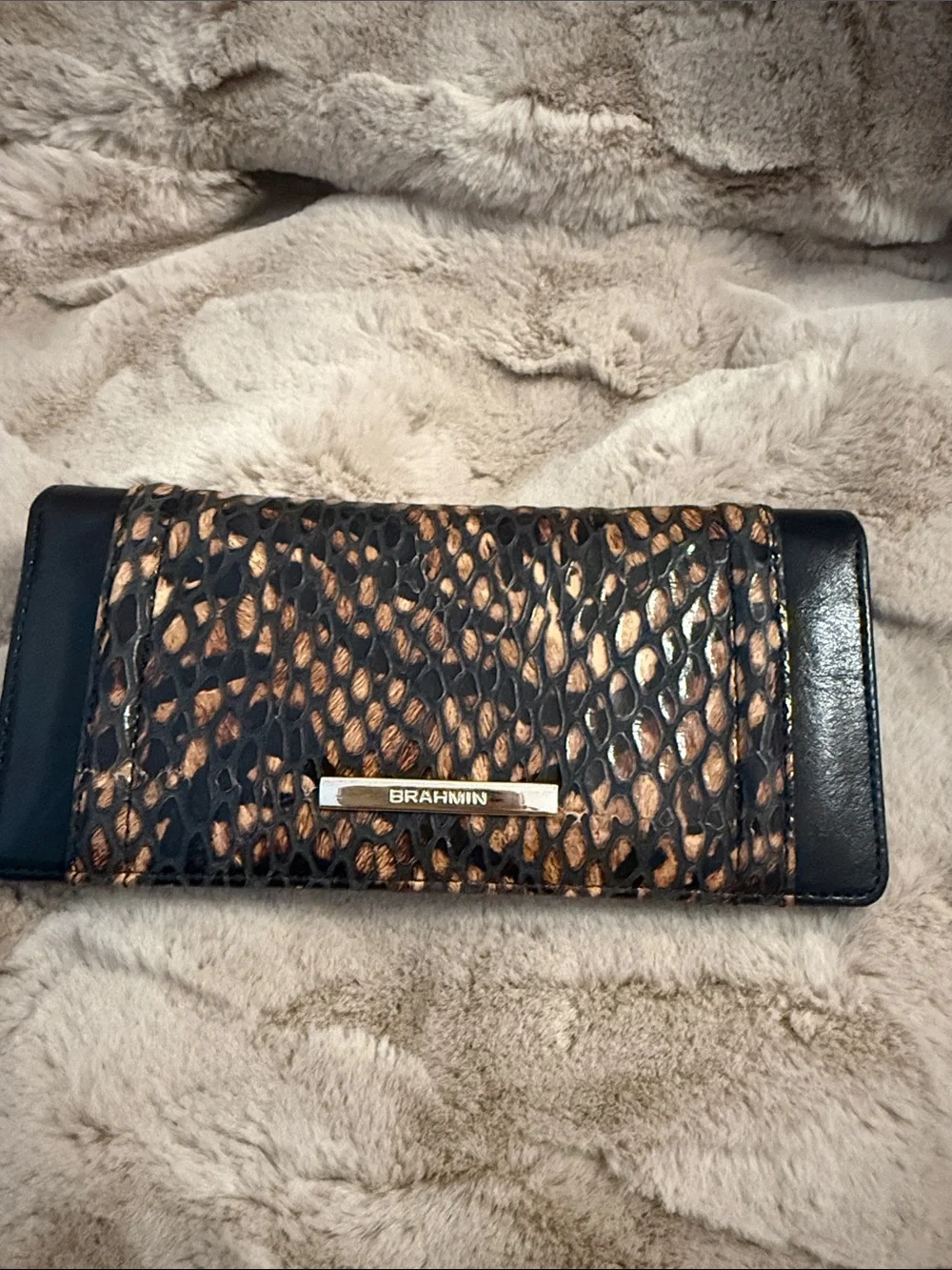 Brahmin Black and Brown Python-Print Continental Wallet with Gold Logo
